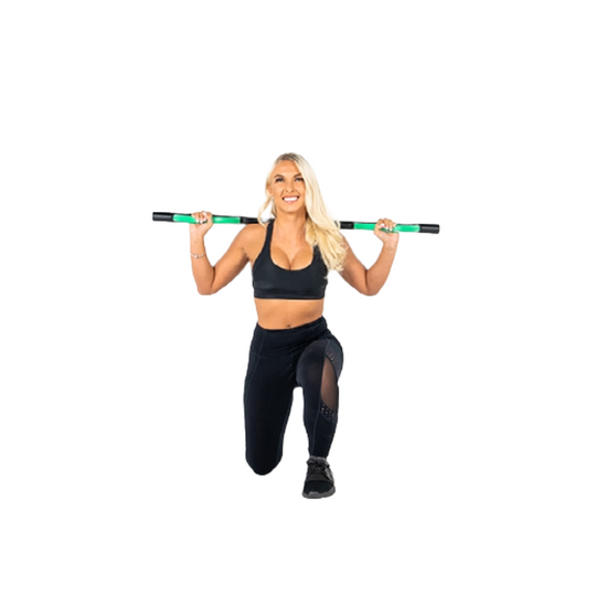 Image of a women facing forwards holding the green butterfly barbell across shoulders and posing in a lunge position.