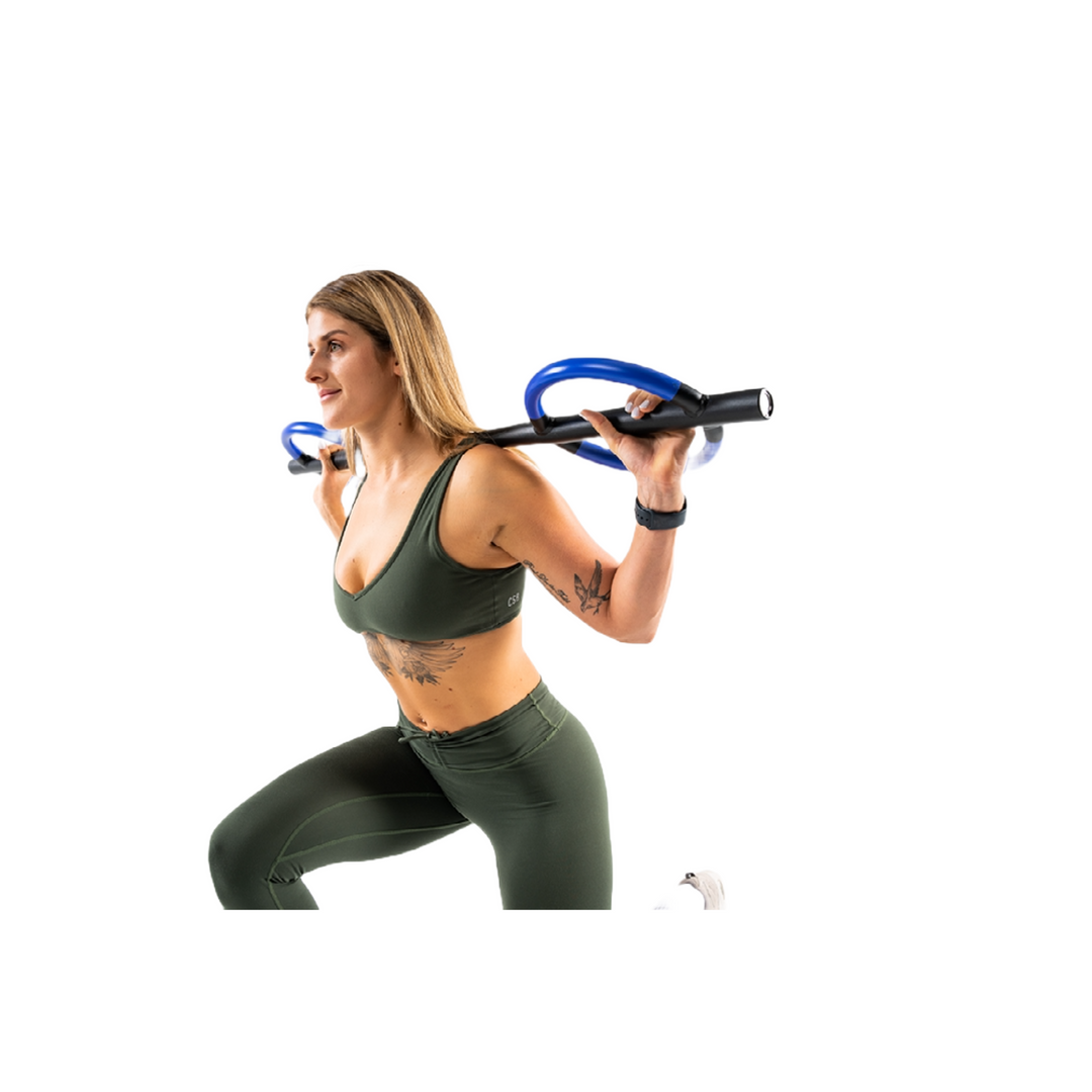 Image of a women imitating a lunge with the 8kg butterfly barbell across her shoulders.