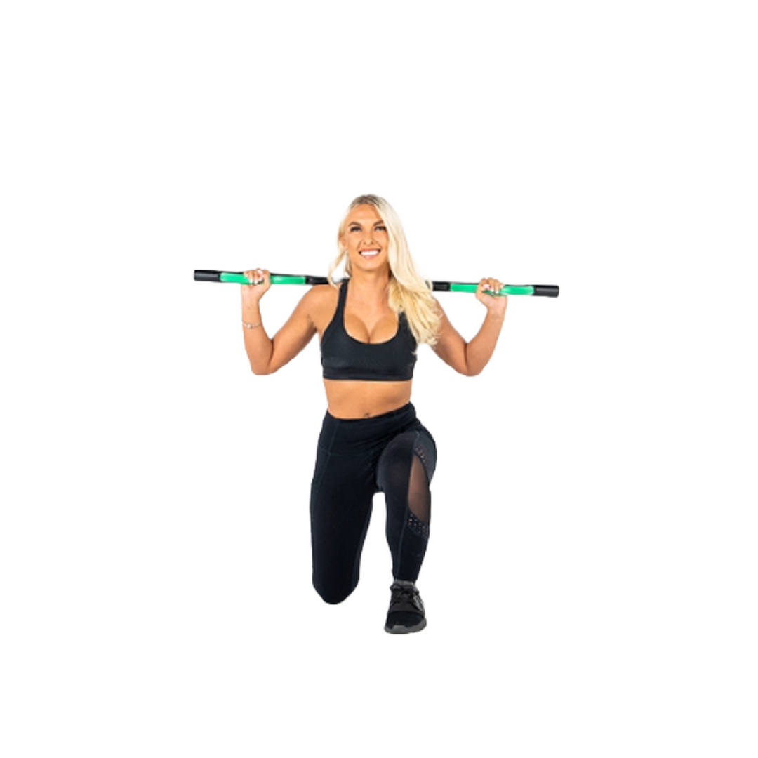 Image of a women facing forwards holding the green butterfly barbell across shoulders and posing in a lunge position. 