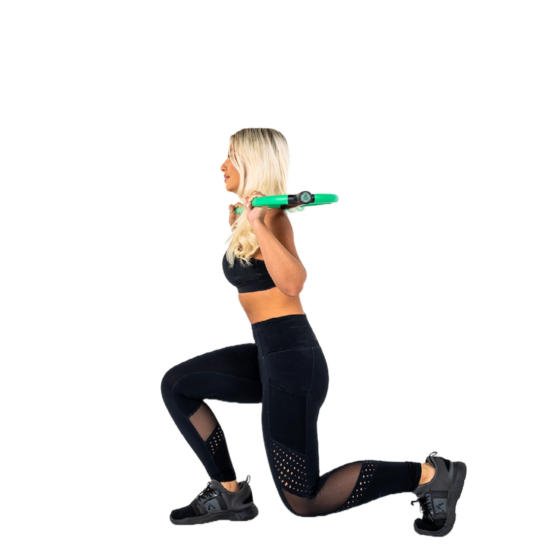 Image of a side-view of women holding green-handled butterfly barbell across shoulders posing in a lunge position.