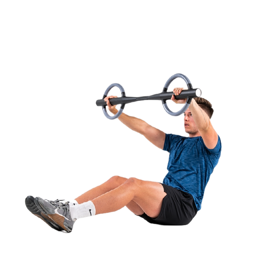 Image of a man sitting down holding the grey-handled Butterfly Barbell above his head.