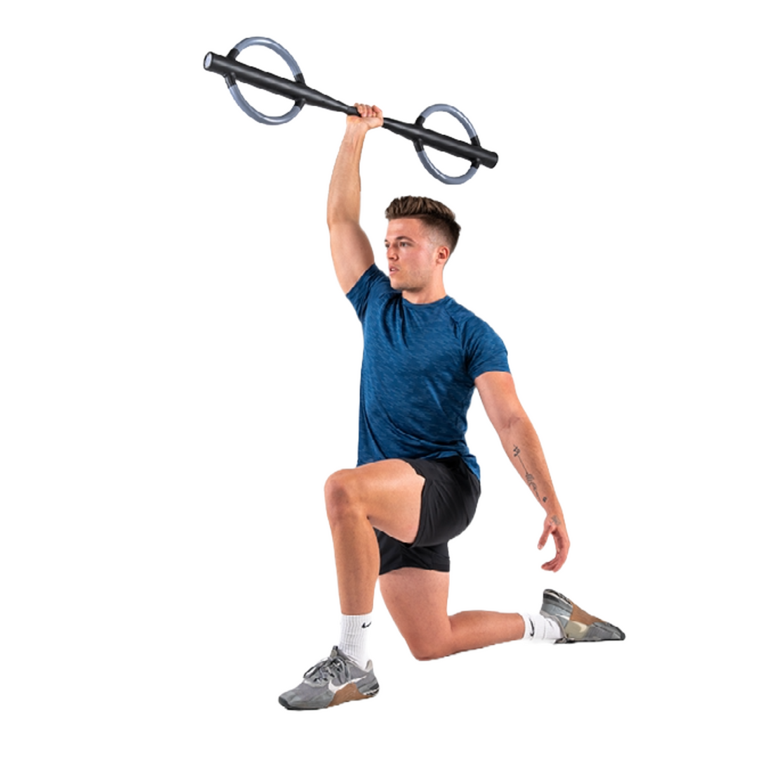 Image of a man kneeling with an outstretched arm holding the grey, 16kg dual-handled barbell above his head.