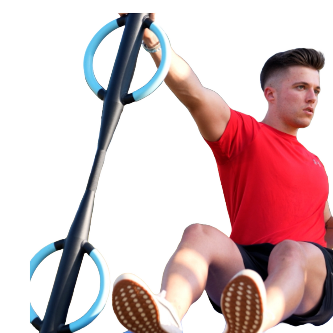 Image on a man sitting and holding the end of the Butterfly Barbell and pushing it with his right-arm in a forward movement to work out his abs and chest.