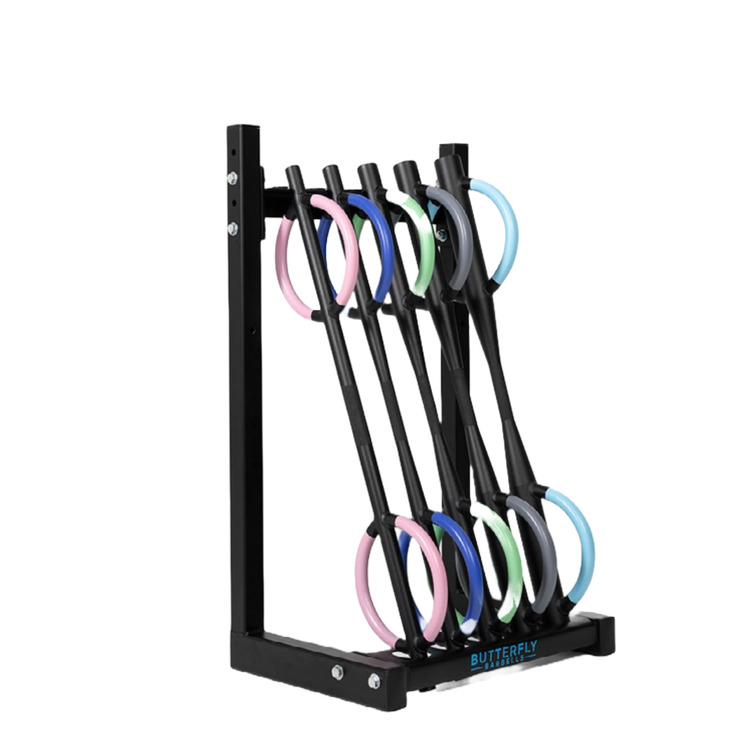 Image on the Butterfly Barbell floor-rack with all 5 barbells posistioned in the rack,