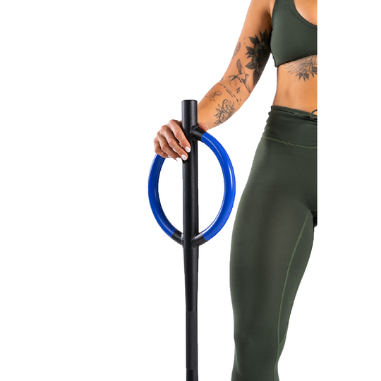 Image of Women holding a butterfly barbell in a vertical position to showcase the barbells dual-handles.