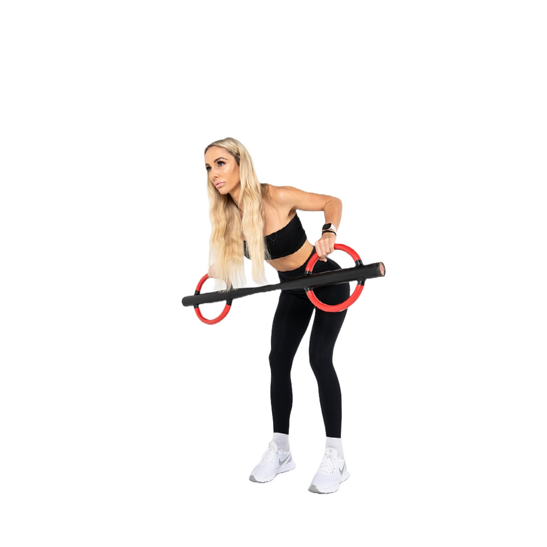 Image of a women bent over holding the handles of the butterfly barbell imitating a bent-over row exercise