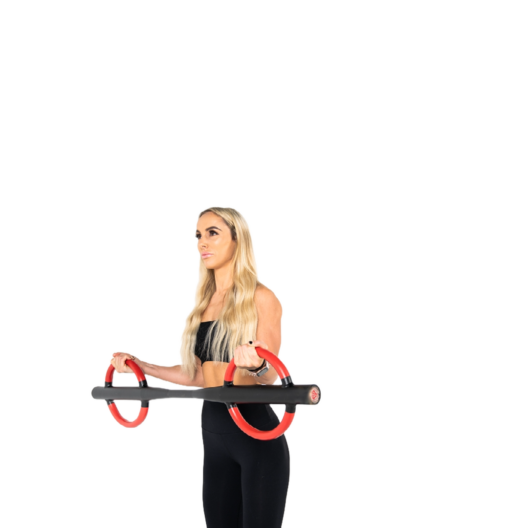 Image of a woman holding the dual-handles of the butterfly barbell imitating a bicep curl.